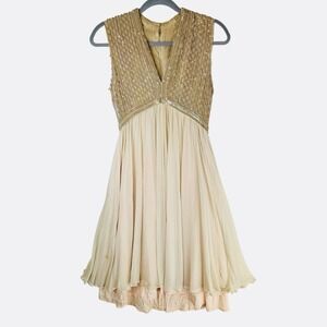 Vintage 50s Fred Perlberg Chiffon Party Dress Sequin Sleeveless Beige Nude READ